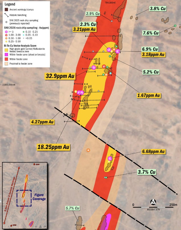 Plan of the As Safra Central Gold Zone showing Sierra Nevada Gold rock chip sampling results coloured by gold grade.