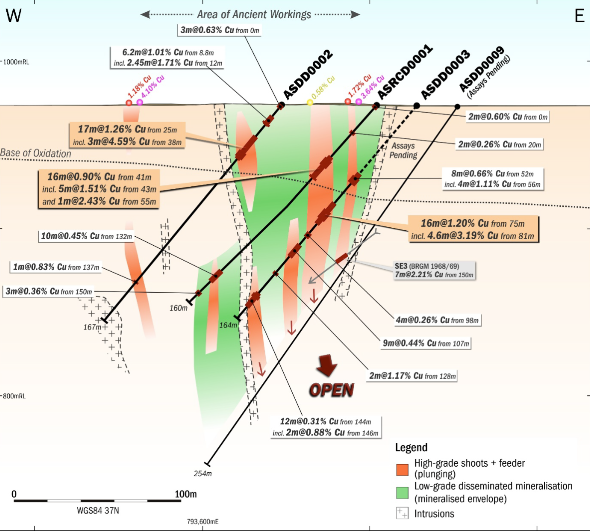 Cross section through the As Safra Central Copper target showing drill intercepts, high-grade plunging shoots and mineralisation open at depth.