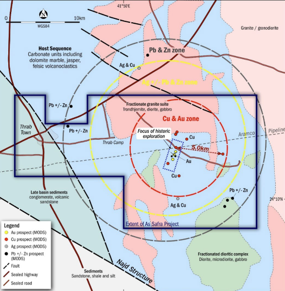 Geological plan of the 375 square kilometre As Safra copper-gold project showing metal zonation, paved roads and pipeline infrastructure.