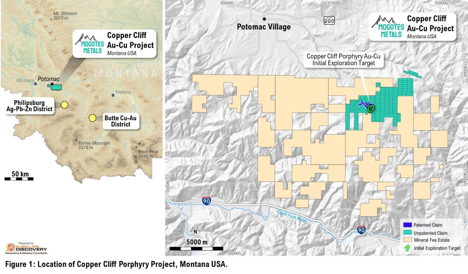 Location map of the Copper Cliff porphyry gold-copper project in Montana, USA, showing patented and unpatented claims and the initial exploration target.